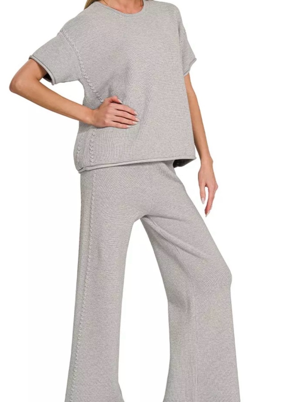 Zenana Outfitters Light Gray Zenana Viscose Round Neck Top & Pants Set - Picture 3 of 3